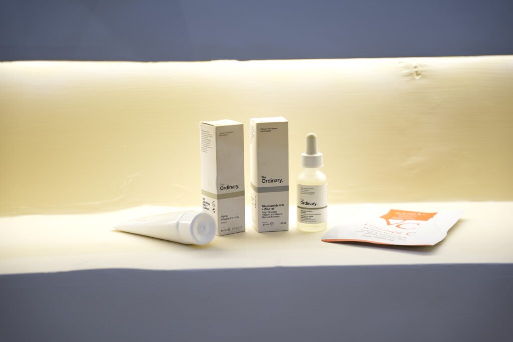 Skincare product retail wall at Noir Aesthetics Lahore